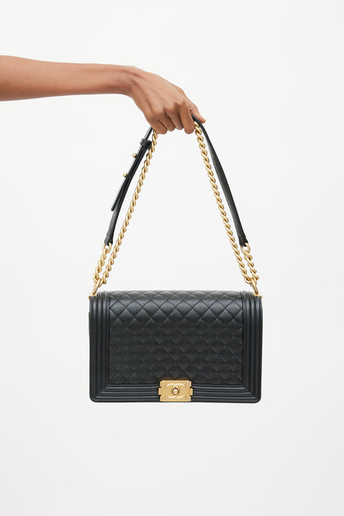 Chanel 2019 Black Caviar Leather & Gold Large Boy Bag