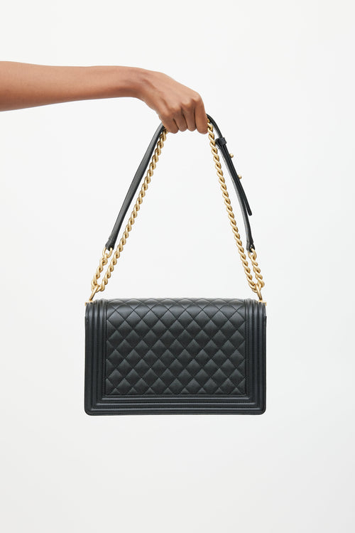 Chanel 2019 Black Caviar Leather & Gold Large Boy Bag