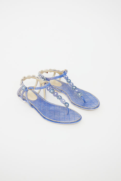 Chanel Blue Leather Flower Embellished Sandal