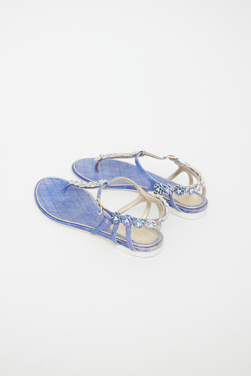 Chanel Blue Leather Flower Embellished Sandal