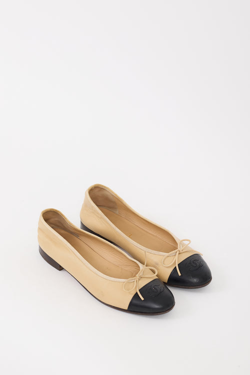Chanel Beige & Black Leather CC Ballet Flat