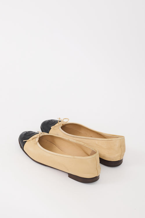 Chanel Beige & Black Leather CC Ballet Flat