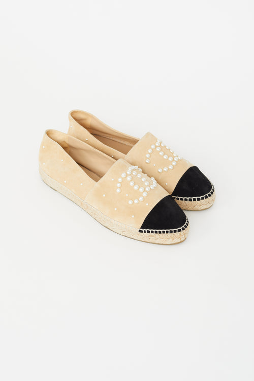 Chanel Beige & Black Suede Pearl Logo Espadrille Flat