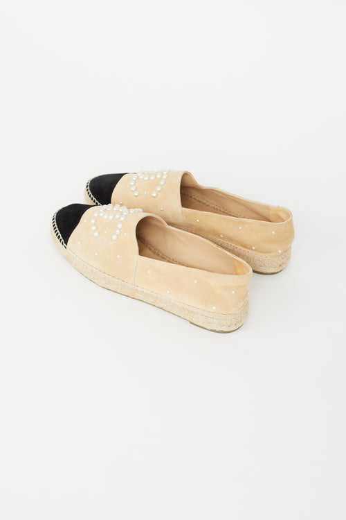 Chanel Beige & Black Suede Pearl Logo Espadrille Flat