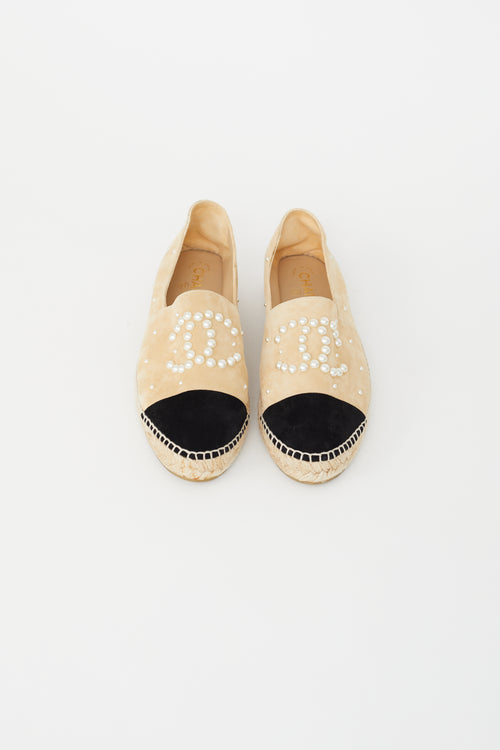 Chanel Beige & Black Suede Pearl Logo Espadrille Flat