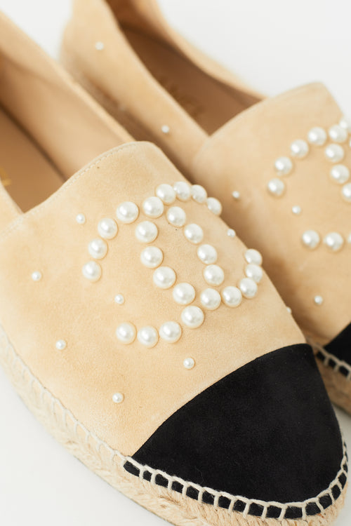 Chanel Beige & Black Suede Pearl Logo Espadrille Flat