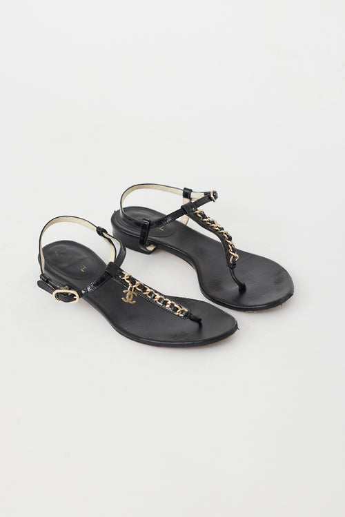 Chanel Black & Gold Chain CC T-Strap Sandal