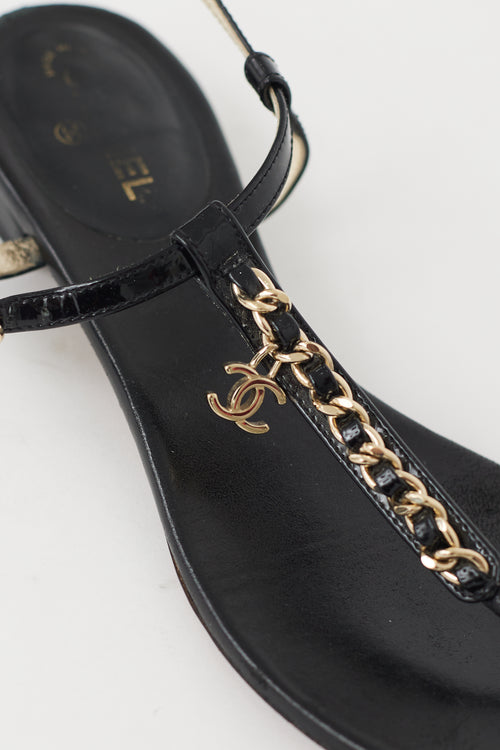 Chanel Black & Gold Chain CC T-Strap Sandal