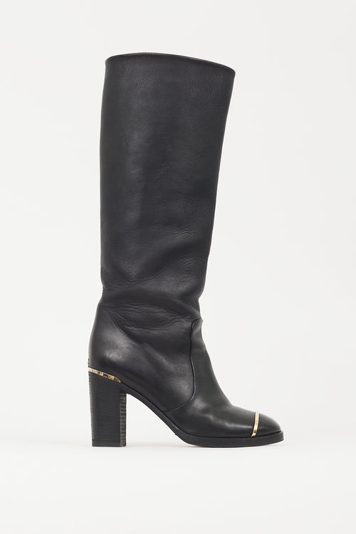 Chanel Black & Gold Leather Riding Boot