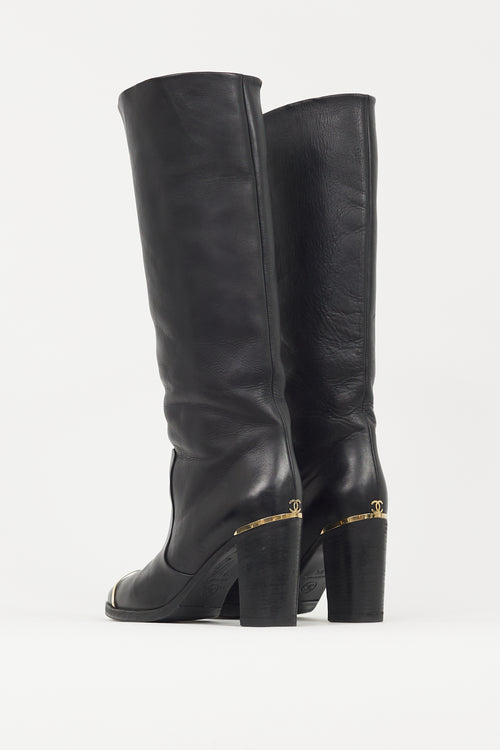 Chanel Black & Gold Leather Riding Boot