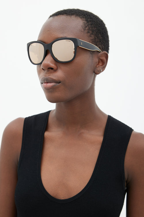 Chanel Black & Gold Reflective Square Sunglasses