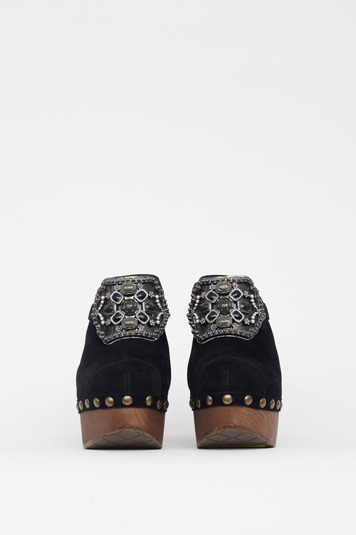 Chanel Black & Brown Suede Embellished Platform Clog