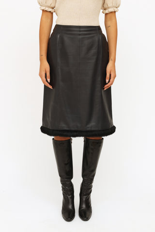 Chanel Fall 2002 Black Leather Fur Trim Skirt