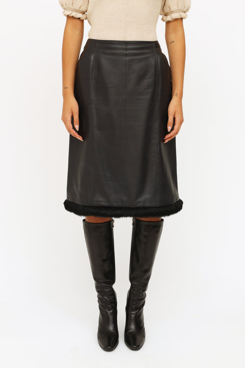 Chanel Fall 2002 Black Leather Fur Trim Skirt