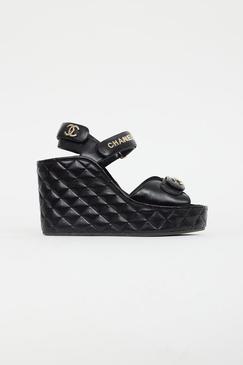 Chanel Black & Gold Quilted Leather Wedge Sandal