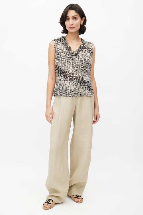 Chanel Spring 2003 Black & Cream Semi Sheer Ruffle Blouse