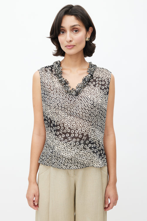 Chanel Spring 2003 Black & Cream Semi Sheer Ruffle Blouse