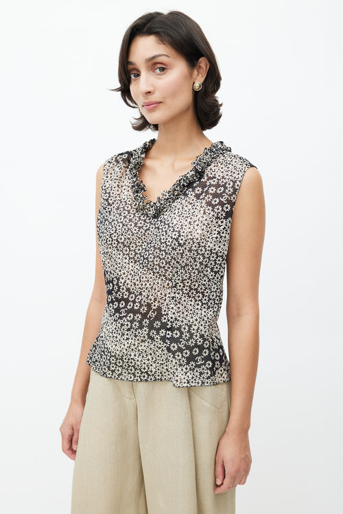 Chanel Spring 2003 Black & Cream Semi Sheer Ruffle Blouse