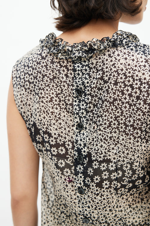 Chanel Spring 2003 Black & Cream Semi Sheer Ruffle Blouse