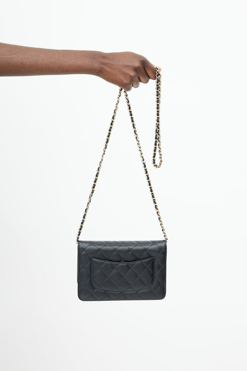 Chanel Black & Gold Quilted Caviar Wallet On Chain