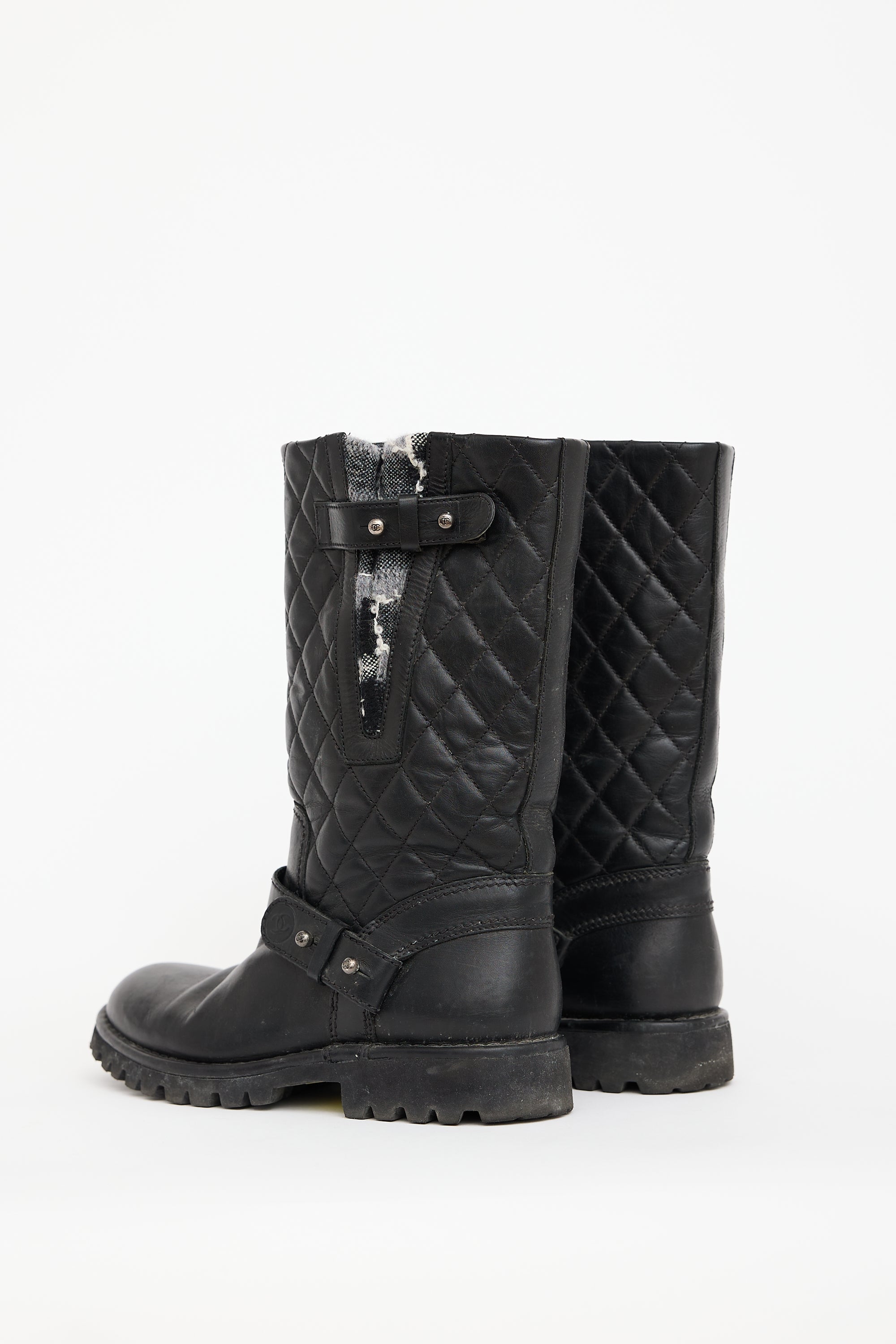 Chanel Black Quilted Leather & Knit Boot