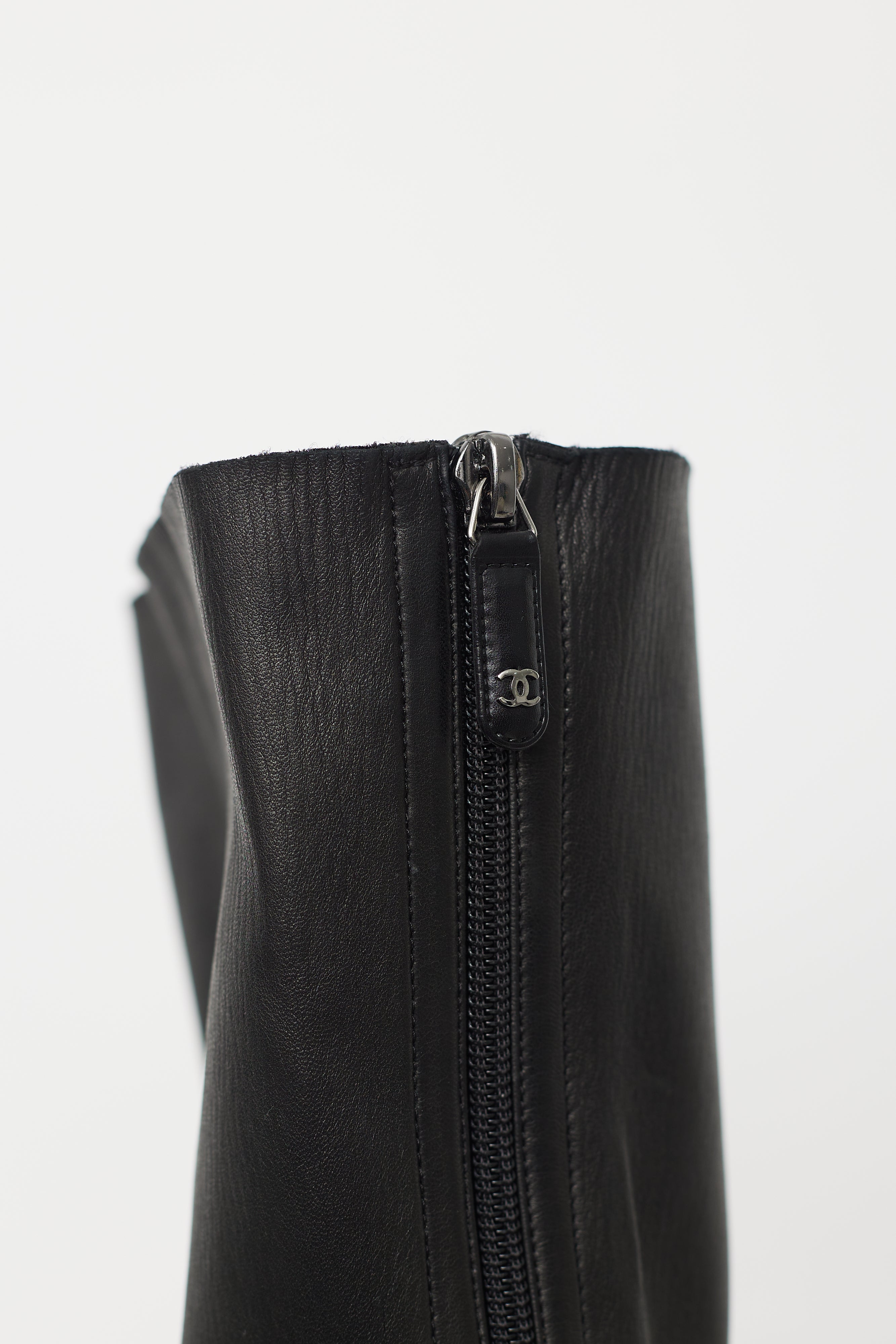 Chanel Black Leather Quilted Knee High Boot