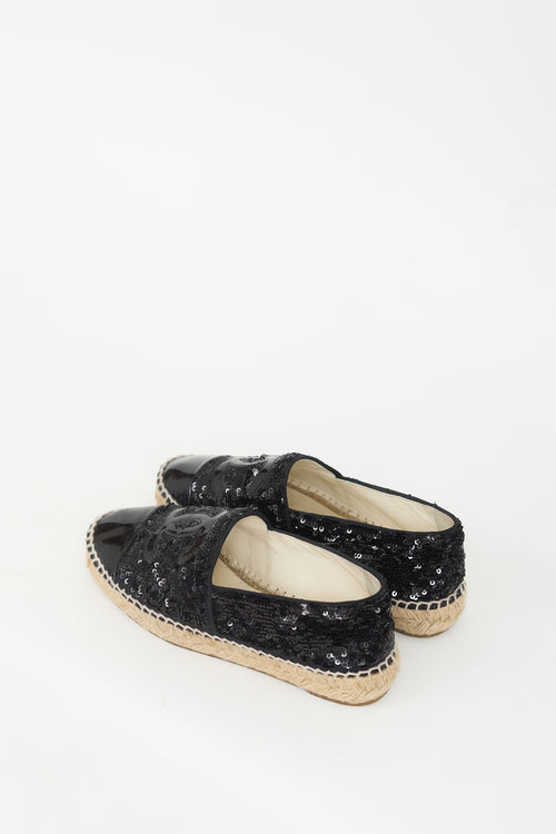 Chanel Black Sequin & Patent CC Logo Espadrille