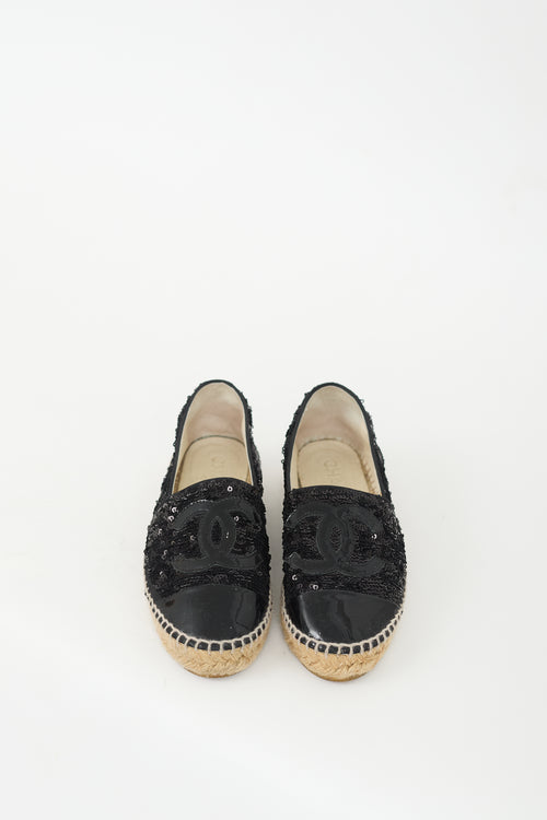 Chanel Black Sequin & Patent CC Logo Espadrille