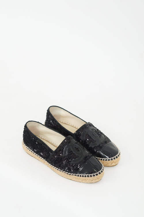 Chanel Black Sequin & Patent CC Logo Espadrille