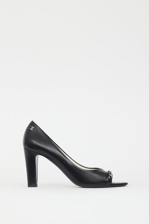 Chanel Black & Silver CC Chain Peep Toe Pump