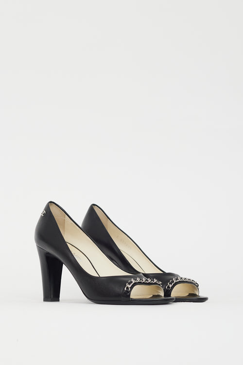 Chanel Black & Silver CC Chain Peep Toe Pump