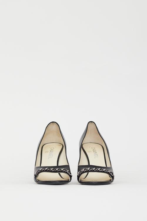 Chanel Black & Silver CC Chain Peep Toe Pump