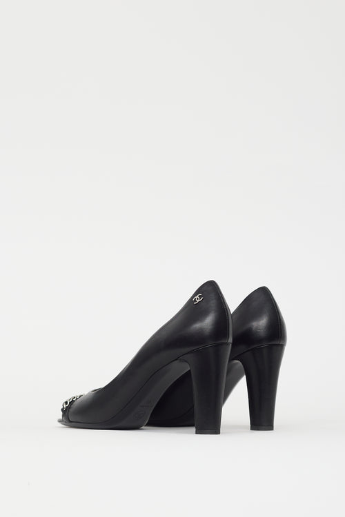 Chanel Black & Silver CC Chain Peep Toe Pump