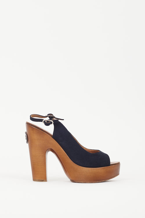 Chanel Black Suede & Wooden Platform CC Slingback Sandal