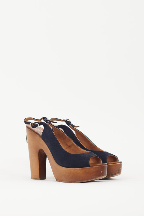 Chanel Black Suede & Wooden Platform CC Slingback Sandal