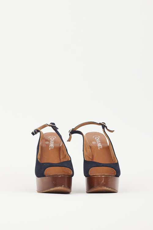 Chanel Black Suede & Wooden Platform CC Slingback Sandal