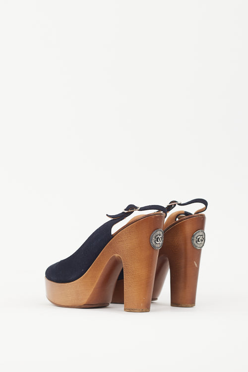 Chanel Black Suede & Wooden Platform CC Slingback Sandal