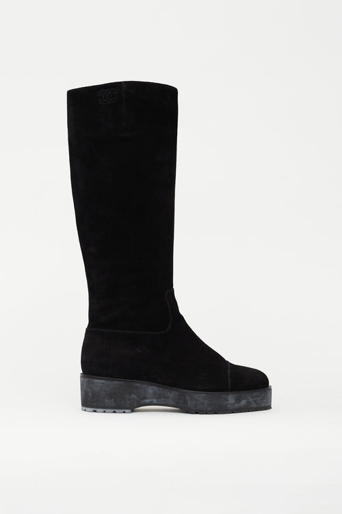 Chanel Black Suede Platform CC Embroidered Boot