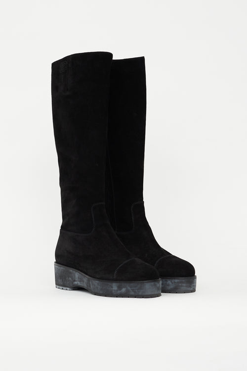 Chanel Black Suede Platform CC Embroidered Boot