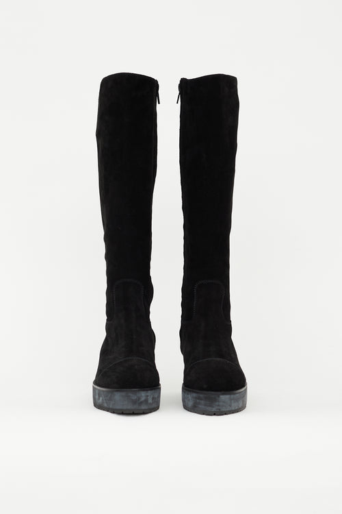 Chanel Black Suede Platform CC Embroidered Boot