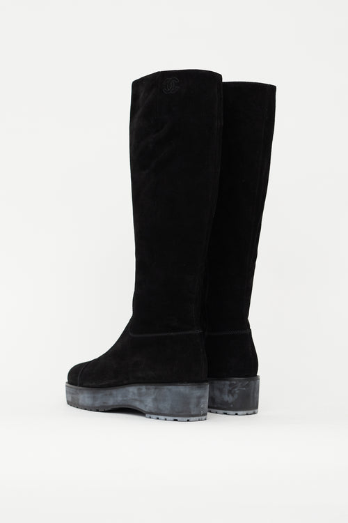 Chanel Black Suede Platform CC Embroidered Boot