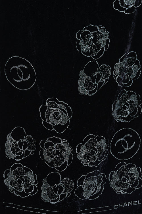 Chanel Black Velvet Floral Crystal Scarf