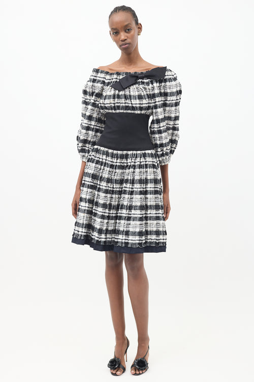 Chanel Black & White Plaid Off Shoulder Dress