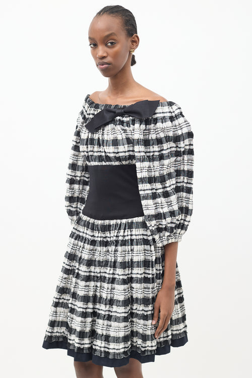 Chanel Black & White Plaid Off Shoulder Dress