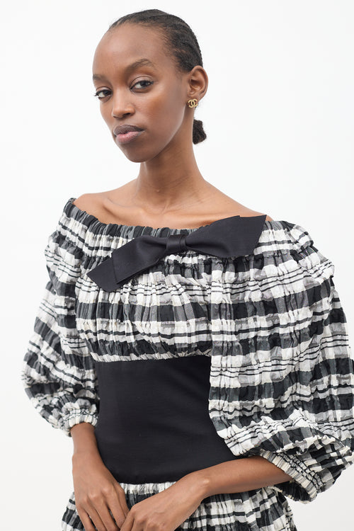 Chanel Black & White Plaid Off Shoulder Dress