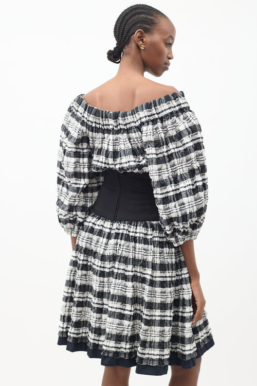 Chanel Black & White Plaid Off Shoulder Dress