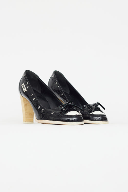 Chanel Black & White Patent Leather Boat Shoe Pump