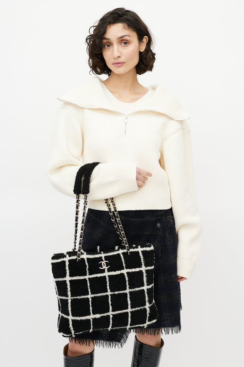 Chanel Black & White Shearling Grid Tote Bag