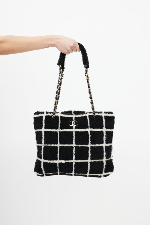 Chanel Black & White Shearling Grid Tote Bag