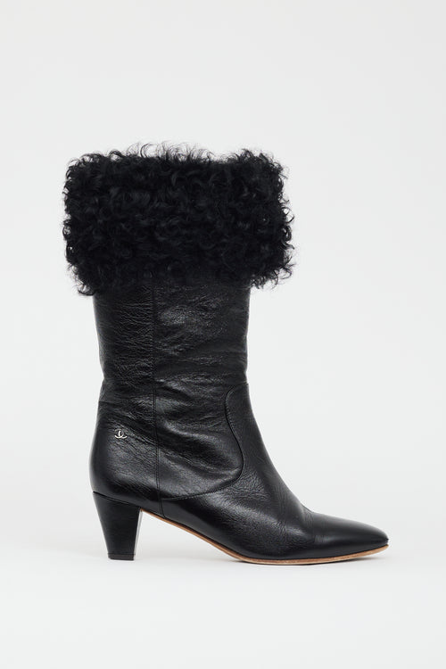 Chanel Black Patent & Shearling CC Heeled Boot